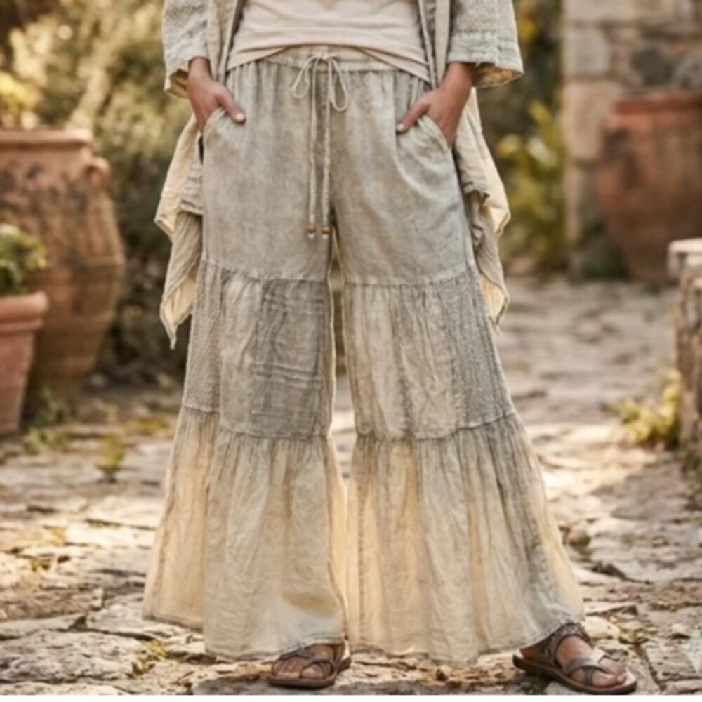 Young Threads Ivory Latte Tiered Patchwork Wide Leg Pants L NWT - Romantic Boho